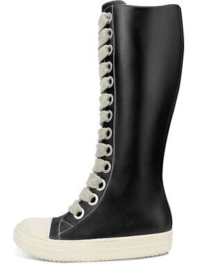 🆕Women's Black Knee-High School Bicycling Boots Thick Laces Comfort